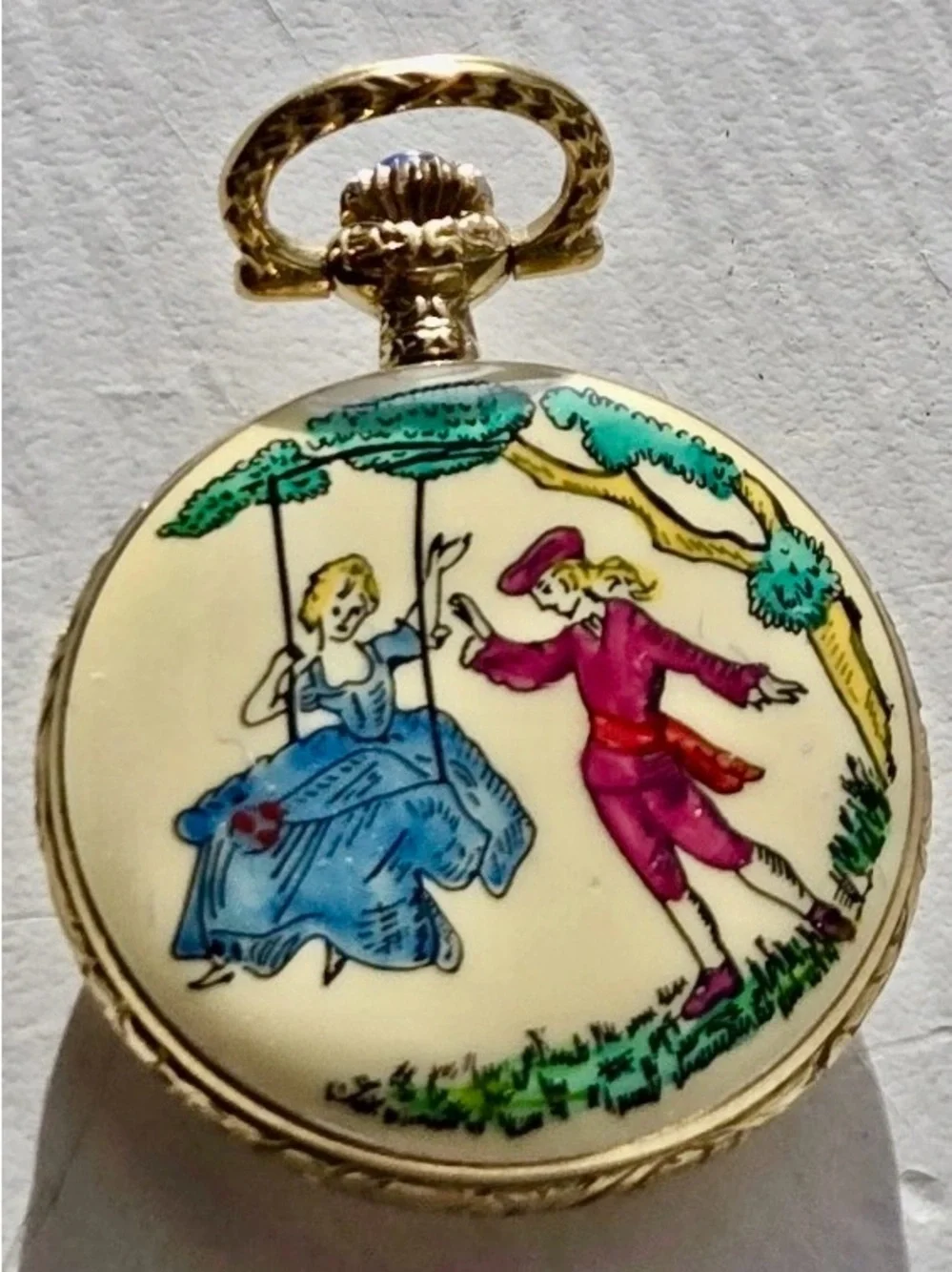 Gold Floral Swiss Pendant Watch, 17 Jewels, Vintage 1970’s.